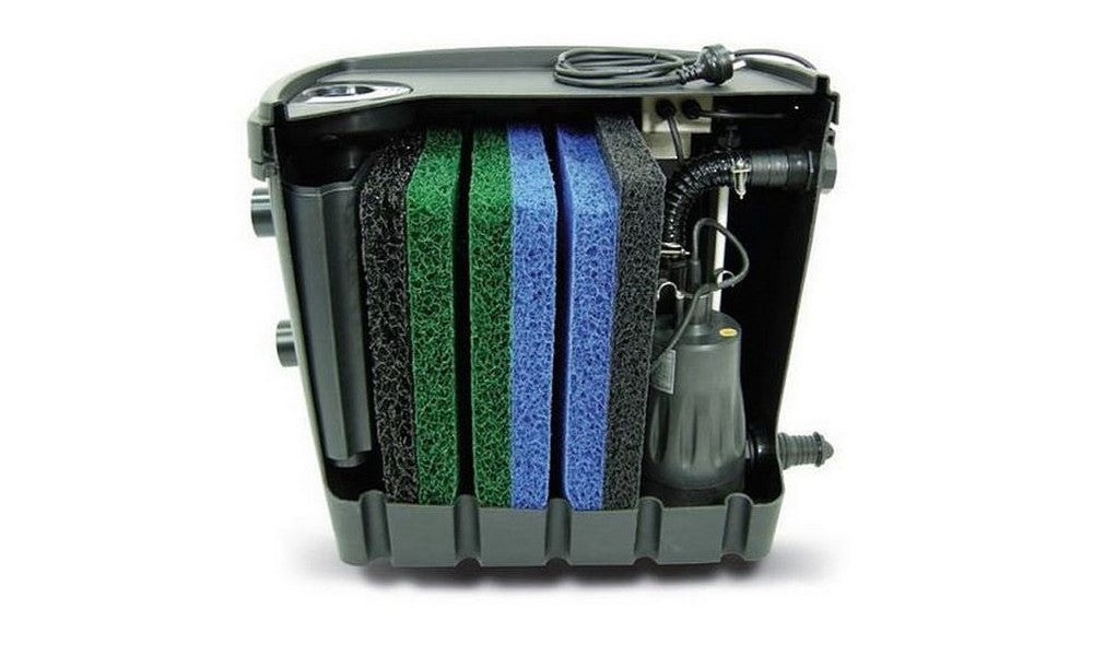 The WaterMate with the side cut away showing the coloured filters and interior pump.