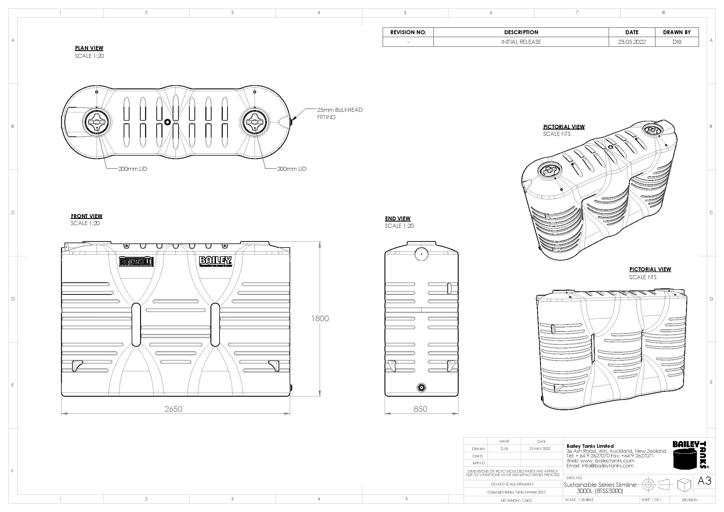 3000L Slimline Water Tank Product Drawing