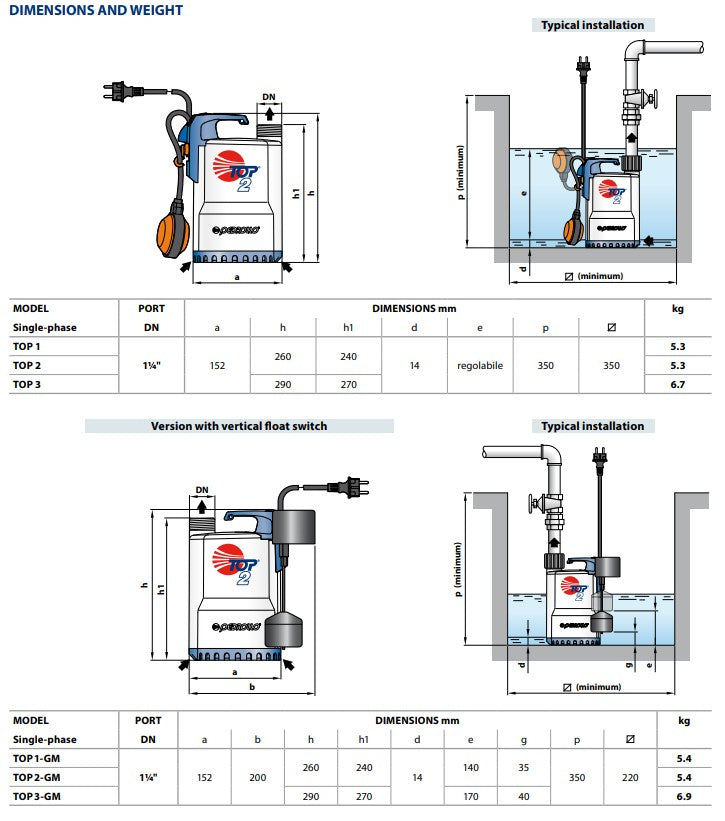 Pedrollo Top 2 pump dimensions