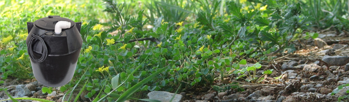 Pump chamber on background that contains greenery and stones