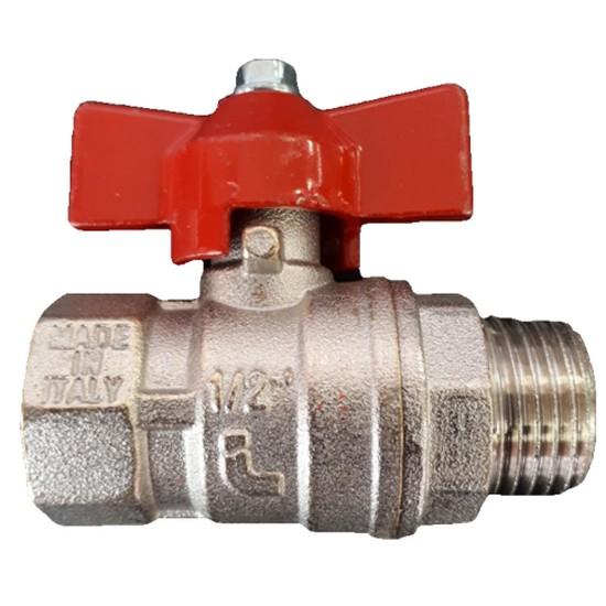 Male/female threaded nickel plated brass ball valve with red tee handle on top