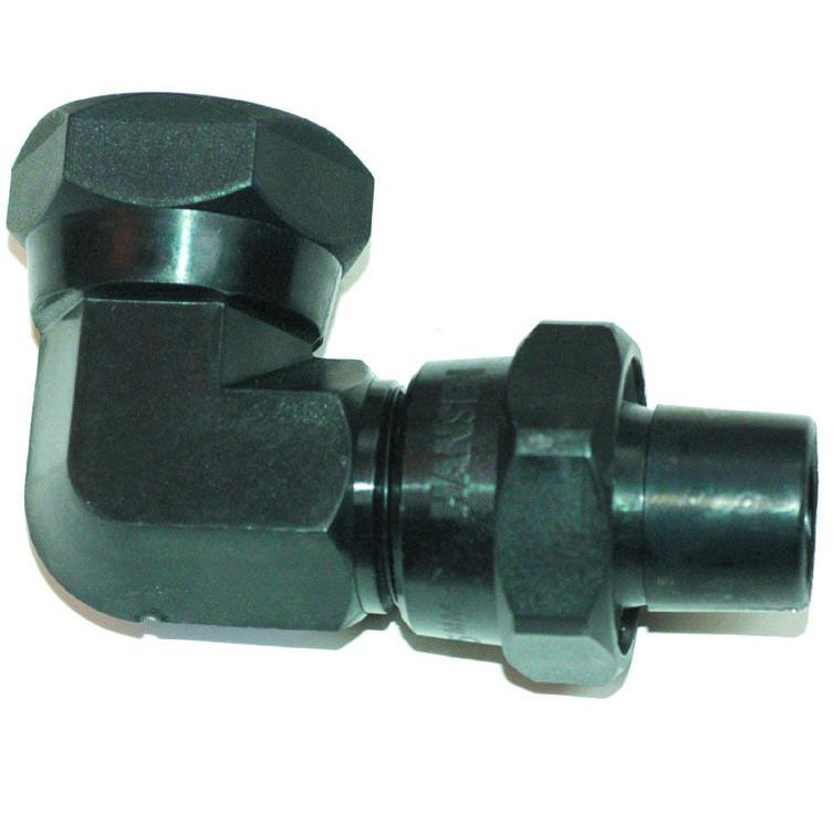 Hansen 90deg bend fitting with female thread on one end and pipe fitting on other end