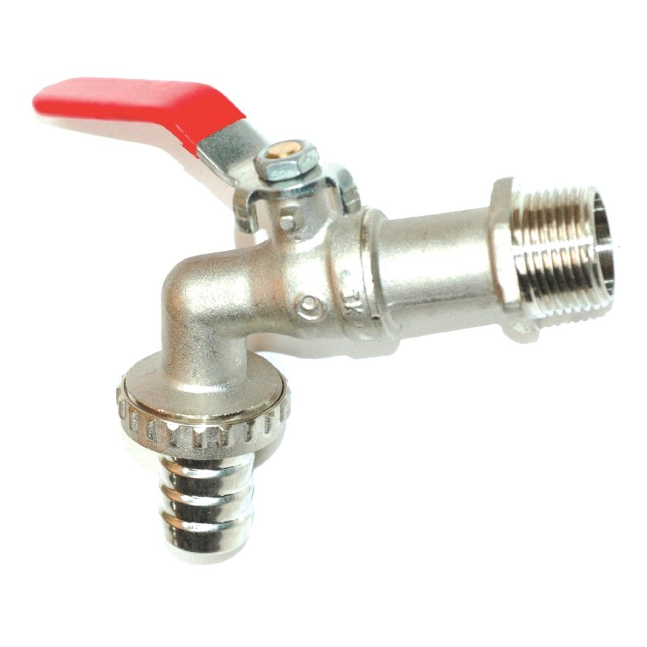 Nickel plated brass bib cock valve with red lever handle, male thread on inlet and hosetail on outlet