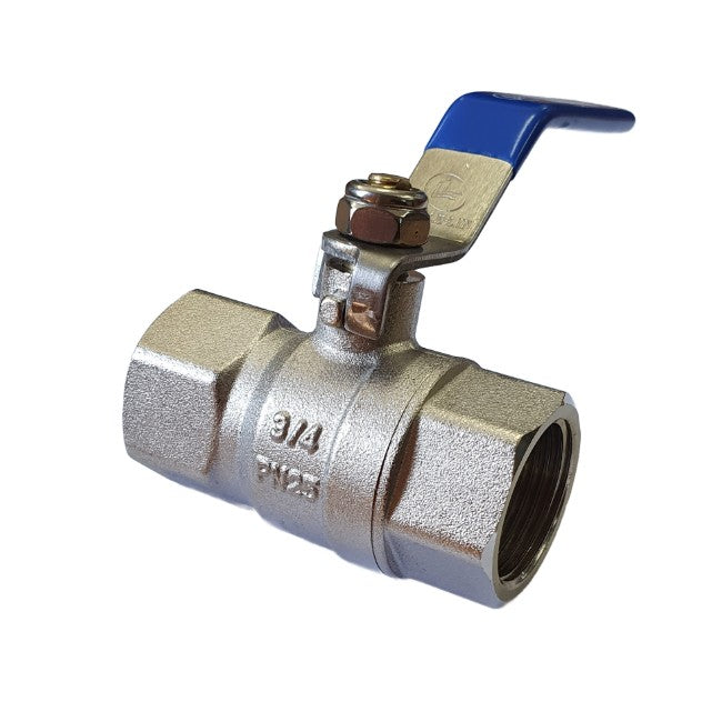 Nickel plated brass ball valve with blue lever handle and female threads