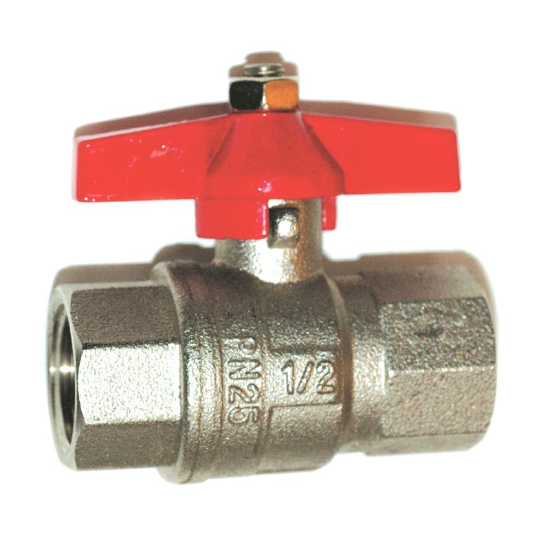 Nickel plated brass ball valve with red tee handle on top and female threads both ends