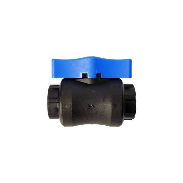 Black ball valve with blue handle on top