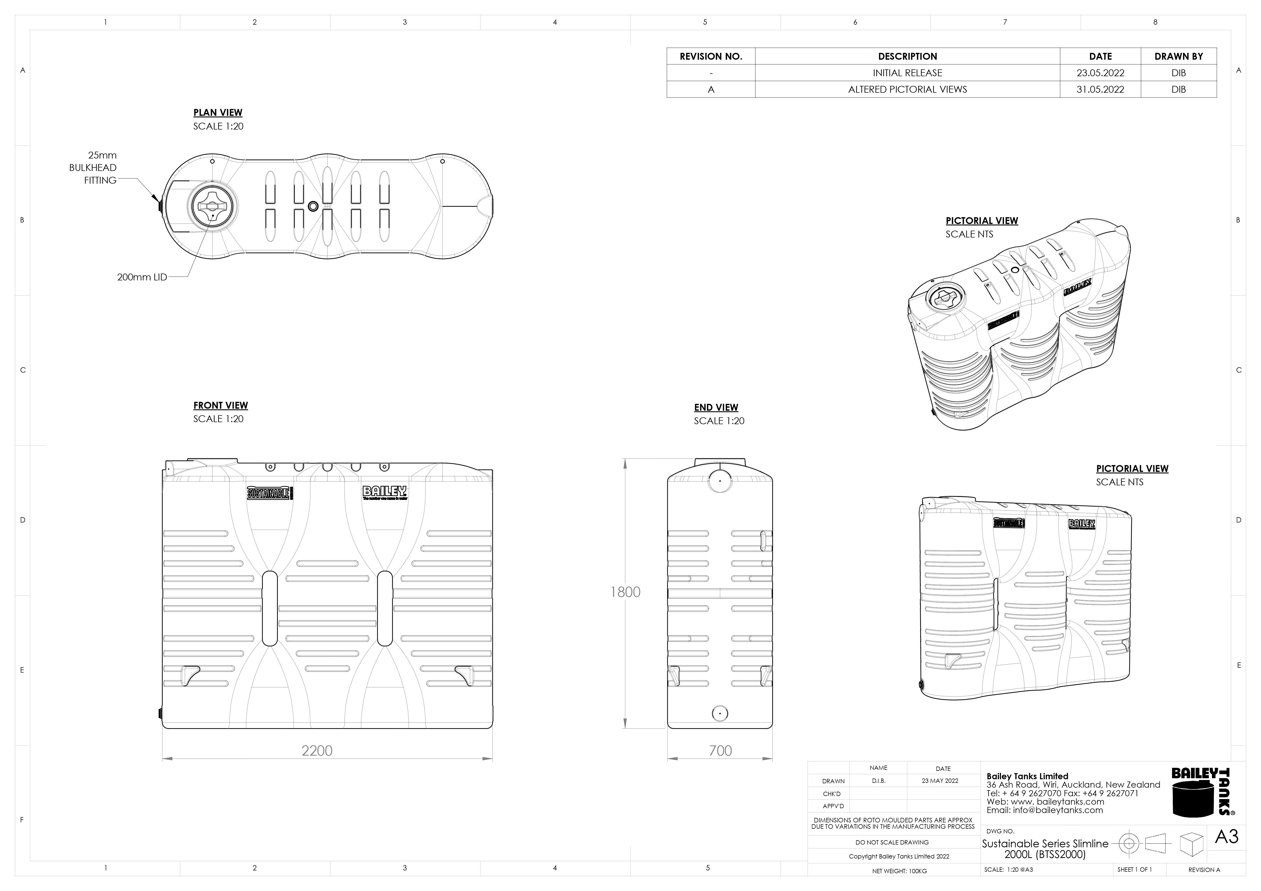 Product drawing of 2000L Slimline Water Tank