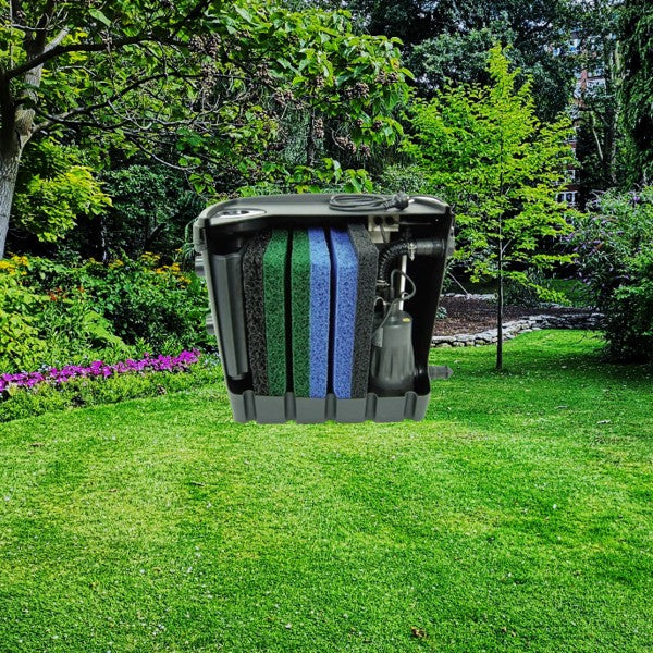 Greywater Recycling Unit pictured on a green grass and garden background