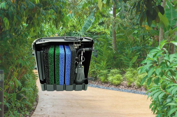 Greywater recycling unit with green garden background