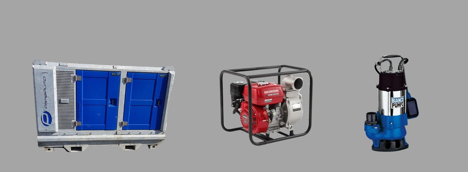 3 hire pumps on a grey background