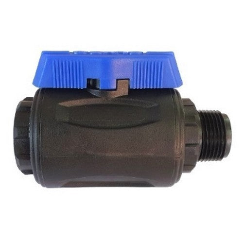 Hansen ball valve with blue handle on top and male/female threads