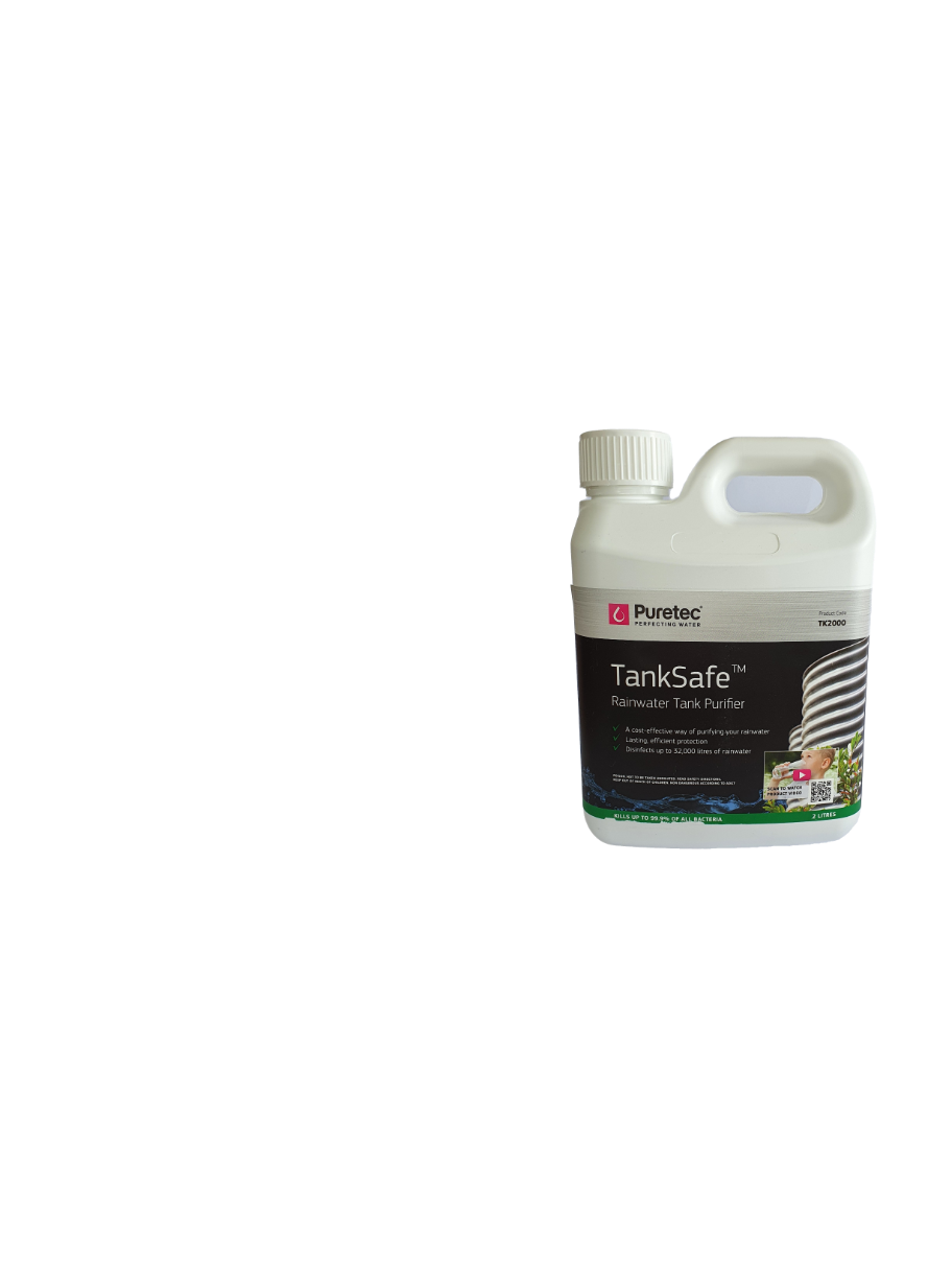2L container of Tank Purifier on aqua coloured background