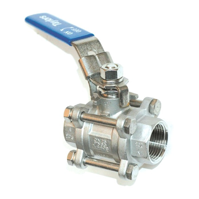 Stainless steel 3 piece ball valve with blue lever handle and female threads