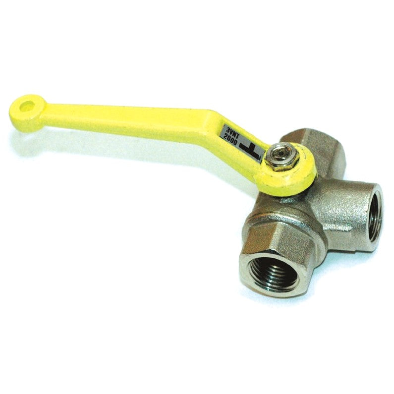 Stainless steel 3 way valve with yellow lever handle and female threads