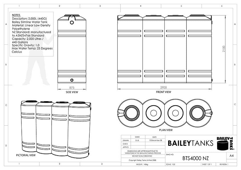 Diagram showing measurements of Bailey 4,000L slimline water tank