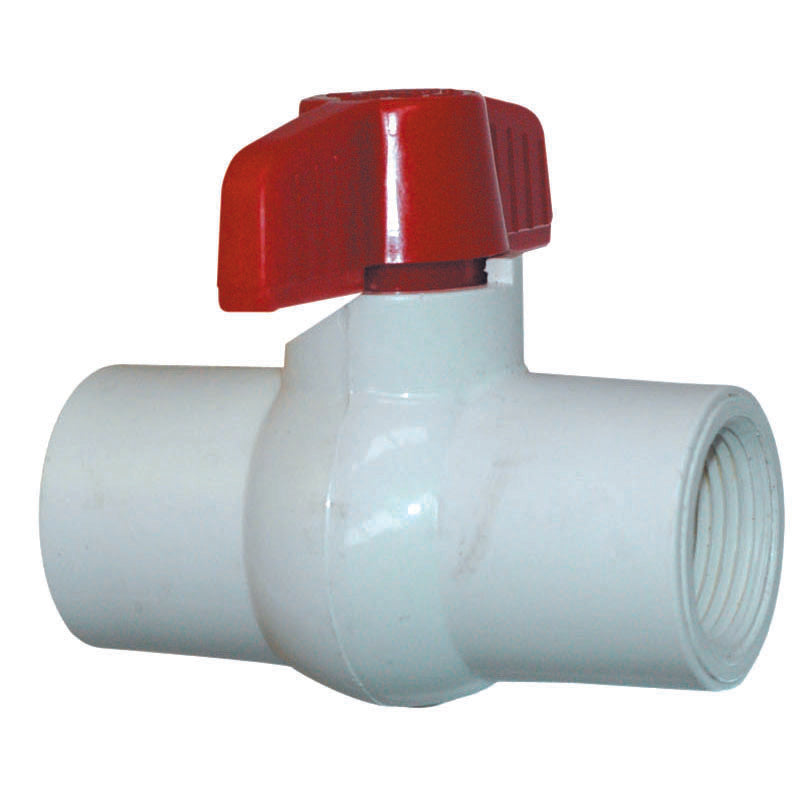 White PVC ball valve with red handle and female threads both ends