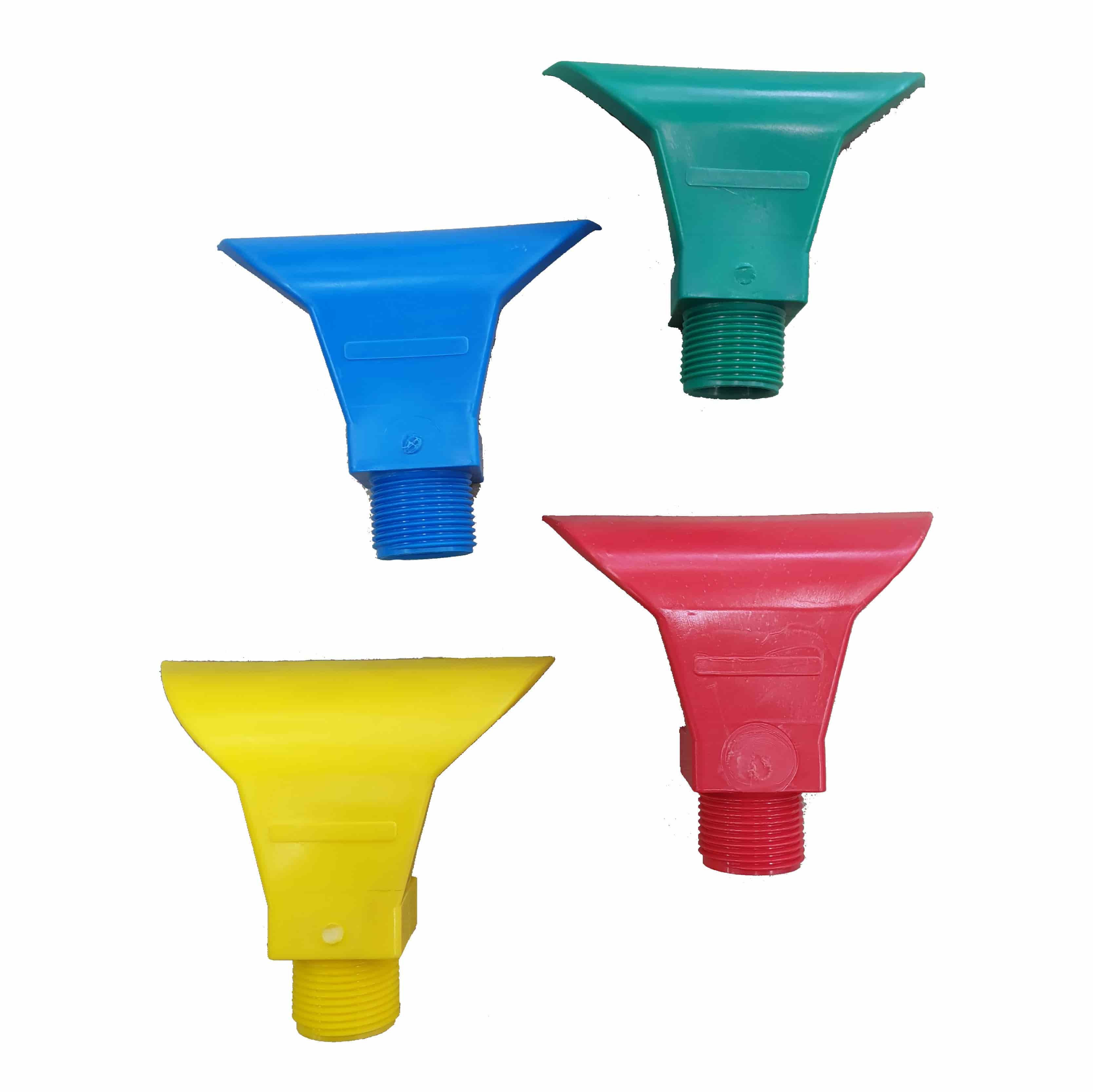 Green, blue, red and yellow fishtail hose nozzles