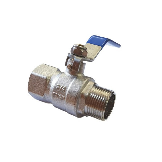 Nickel plated brass ball valve with blue lever handle and male/female threads