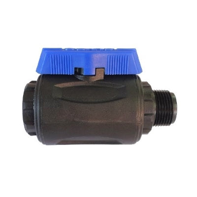 Hansen ball valve with blue handle on top and male/female threads
