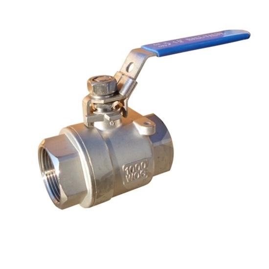 Stainless steel ball valve with blue handle and female threads both ends