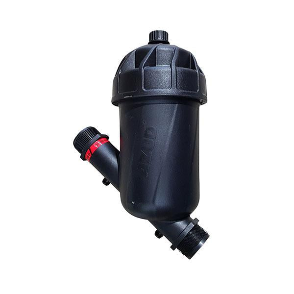 Black Azud plastic water filter with screw lid and two male connections at the bottom.